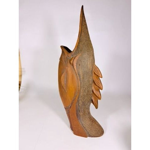 Hand Carved Sculpture Marlin Fish Mid Century Modern Teak Wooden Spearfish Vase Unique Home Decor Decorative Accents Coastal Mancave