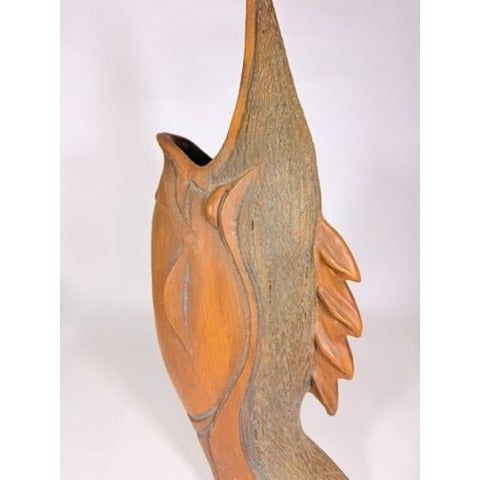 Hand Carved Sculpture Marlin Fish Mid Century Modern Teak Wooden Spearfish Vase Unique Home Decor Decorative Accents Coastal Mancave