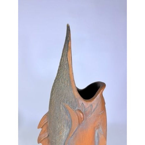Hand Carved Sculpture Marlin Fish Mid Century Modern Teak Wooden Spearfish Vase Unique Home Decor Decorative Accents Coastal Mancave