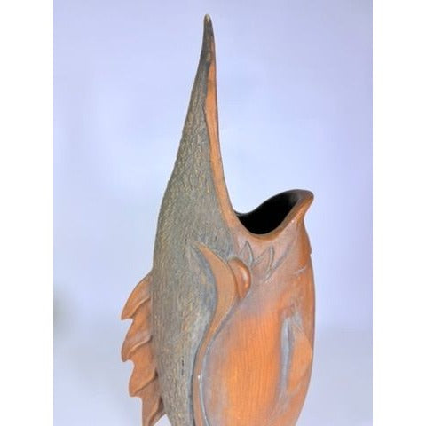 Hand Carved Sculpture Marlin Fish Mid Century Modern Teak Wooden Spearfish Vase Unique Home Decor Decorative Accents Coastal Mancave