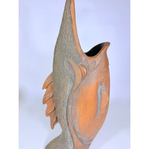Hand Carved Sculpture Marlin Fish Mid Century Modern Teak Wooden Spearfish Vase Unique Home Decor Decorative Accents Coastal Mancave