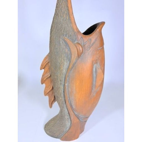 Hand Carved Sculpture Marlin Fish Mid Century Modern Teak Wooden Spearfish Vase Unique Home Decor Decorative Accents Coastal Mancave