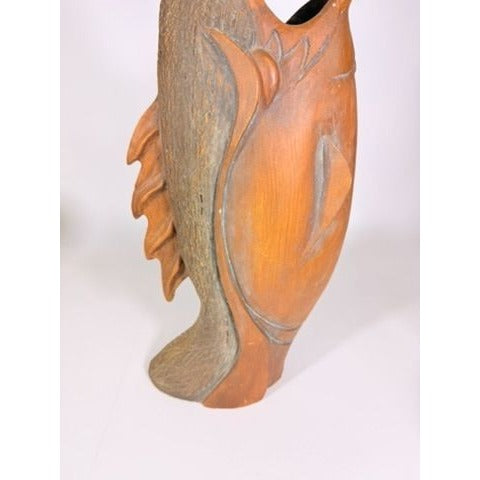 Hand Carved Sculpture Marlin Fish Mid Century Modern Teak Wooden Spearfish Vase Unique Home Decor Decorative Accents Coastal Mancave