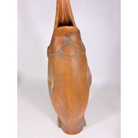 Hand Carved Sculpture Marlin Fish Mid Century Modern Teak Wooden Spearfish Vase Unique Home Decor Decorative Accents Coastal Mancave