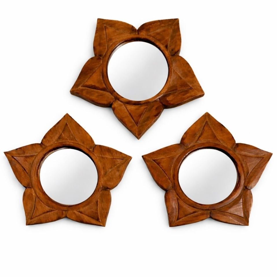 Carved Wood Mirrors Set 3 Lotus Flowers World Market Star Shaped Wooden Vintage Wall Decor Decorative Accents Bohoemian Indonesia
