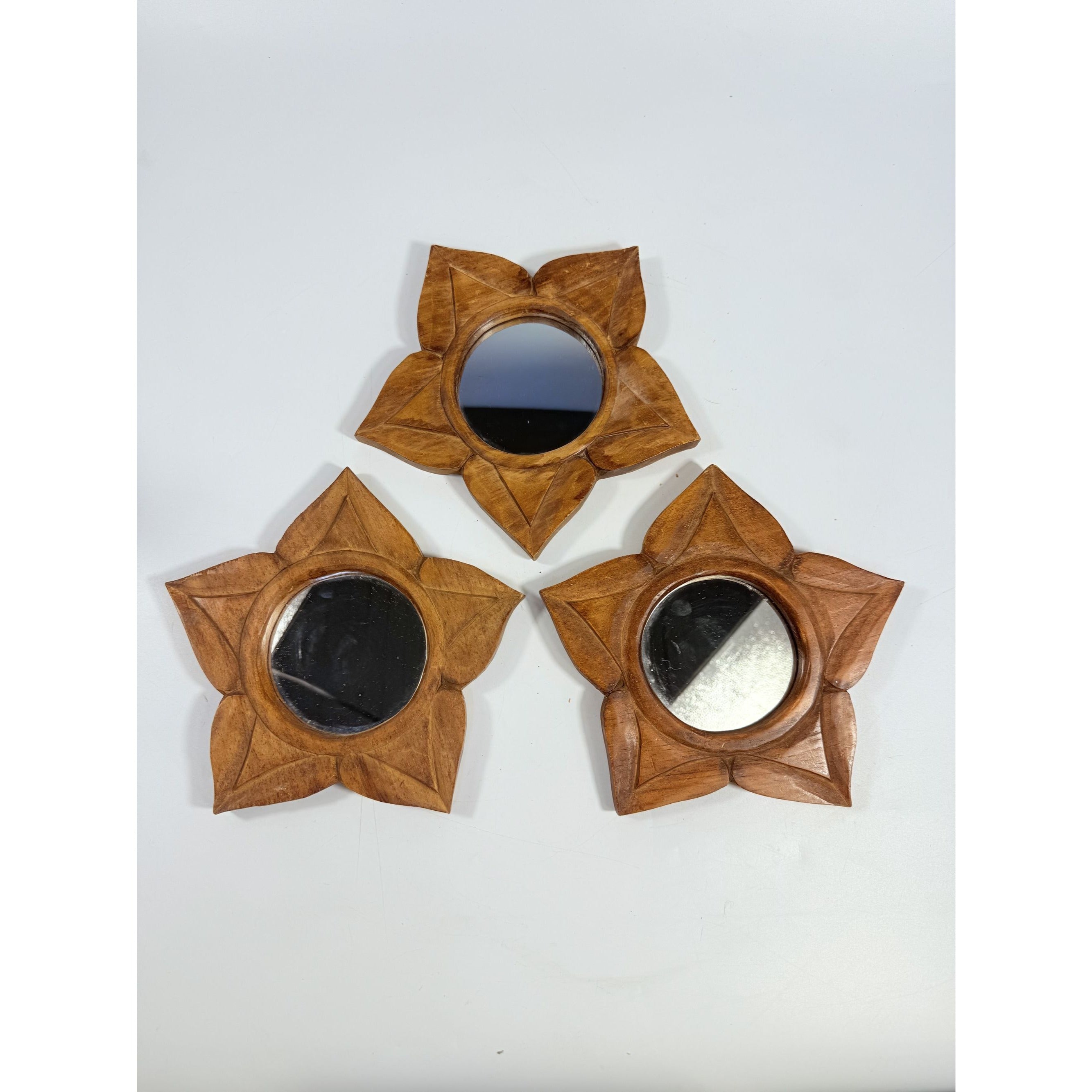 Carved Wood Mirrors Set 3 Lotus Flowers World Market Star Shaped Wooden Vintage Wall Decor Decorative Accents Bohoemian Indonesia