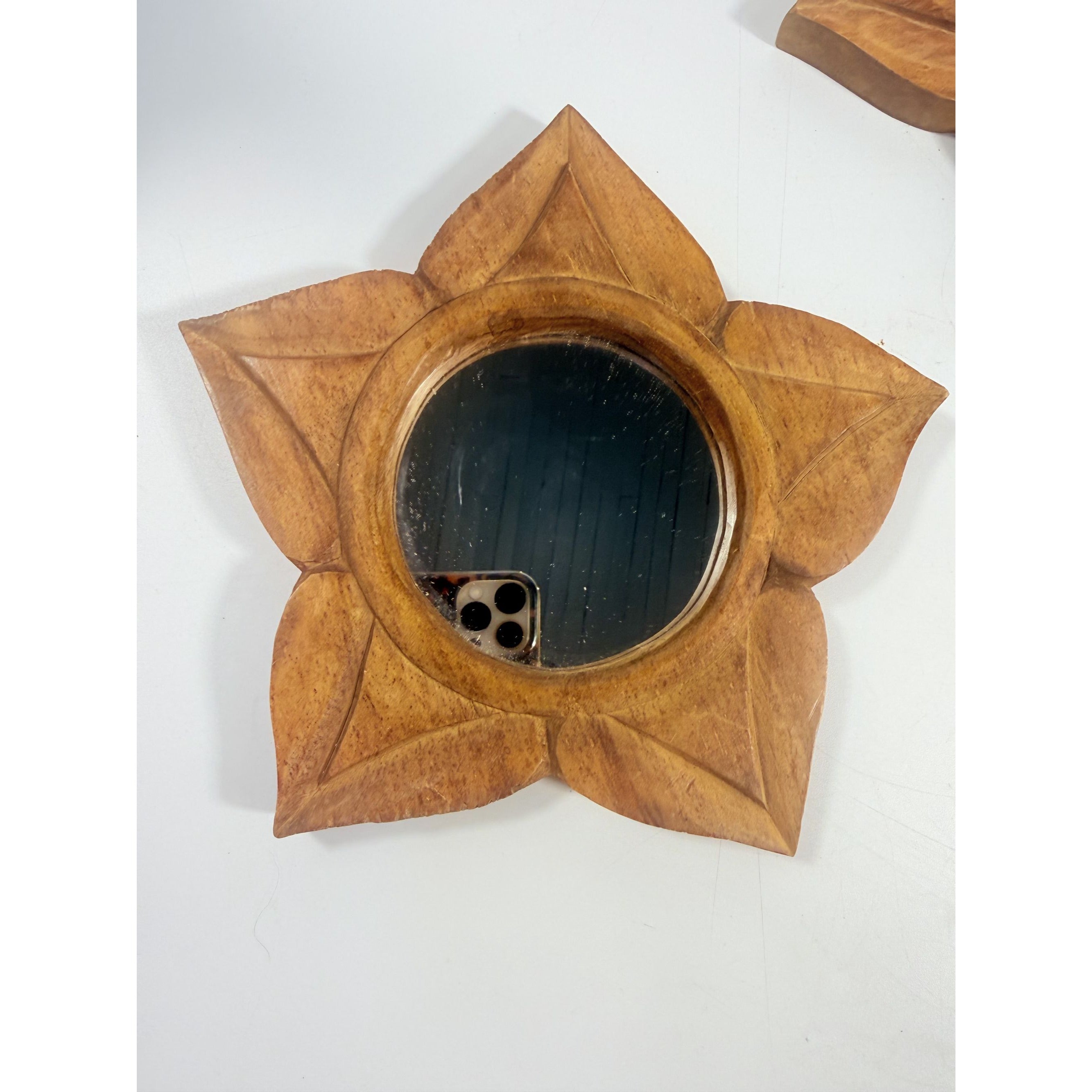 Carved Wood Mirrors Set 3 Lotus Flowers World Market Star Shaped Wooden Vintage Wall Decor Decorative Accents Bohoemian Indonesia