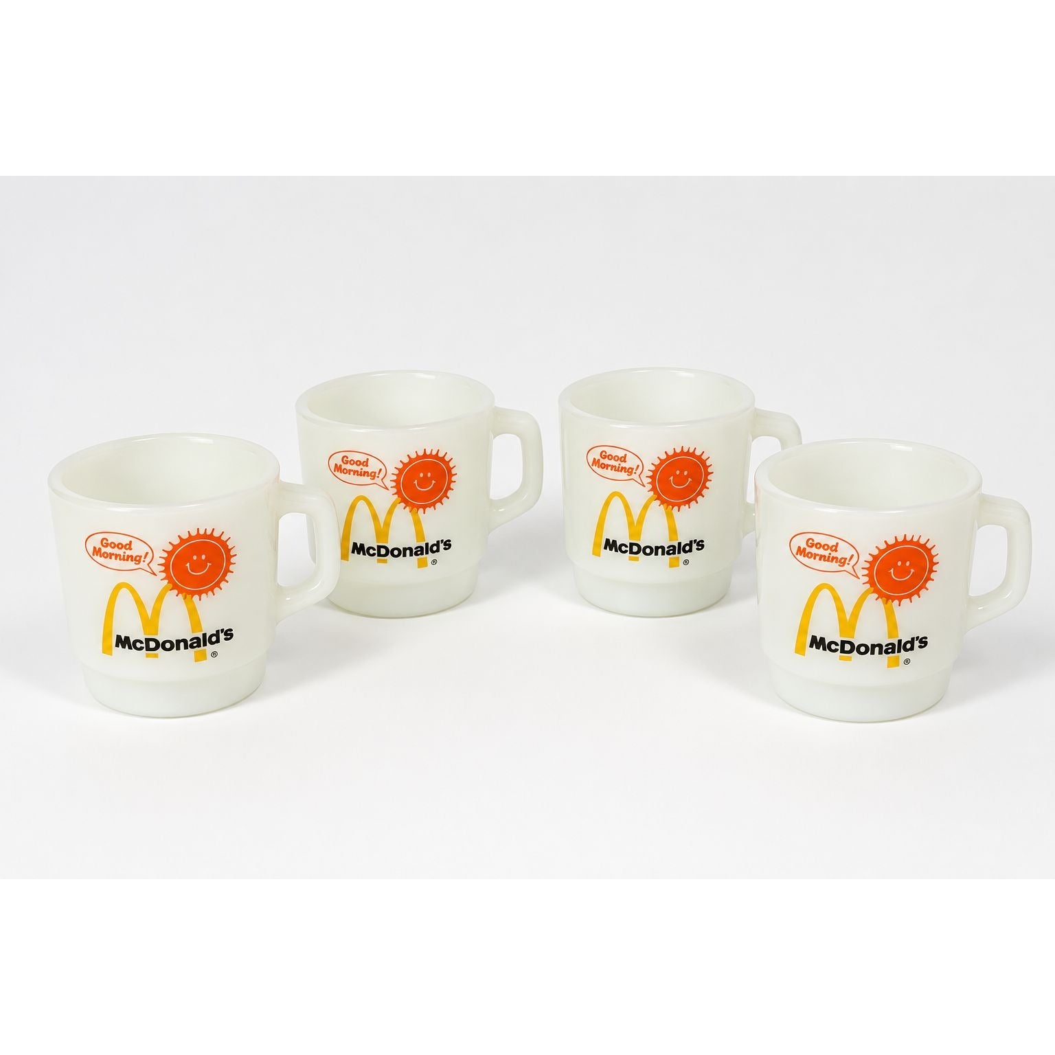 Mug Set 4 Fire King McDonalds Mug Good Morning Coffee Cup Anchor Hocking Milk Glass Collectible Childhood Vintage Golden Arch Sunshine