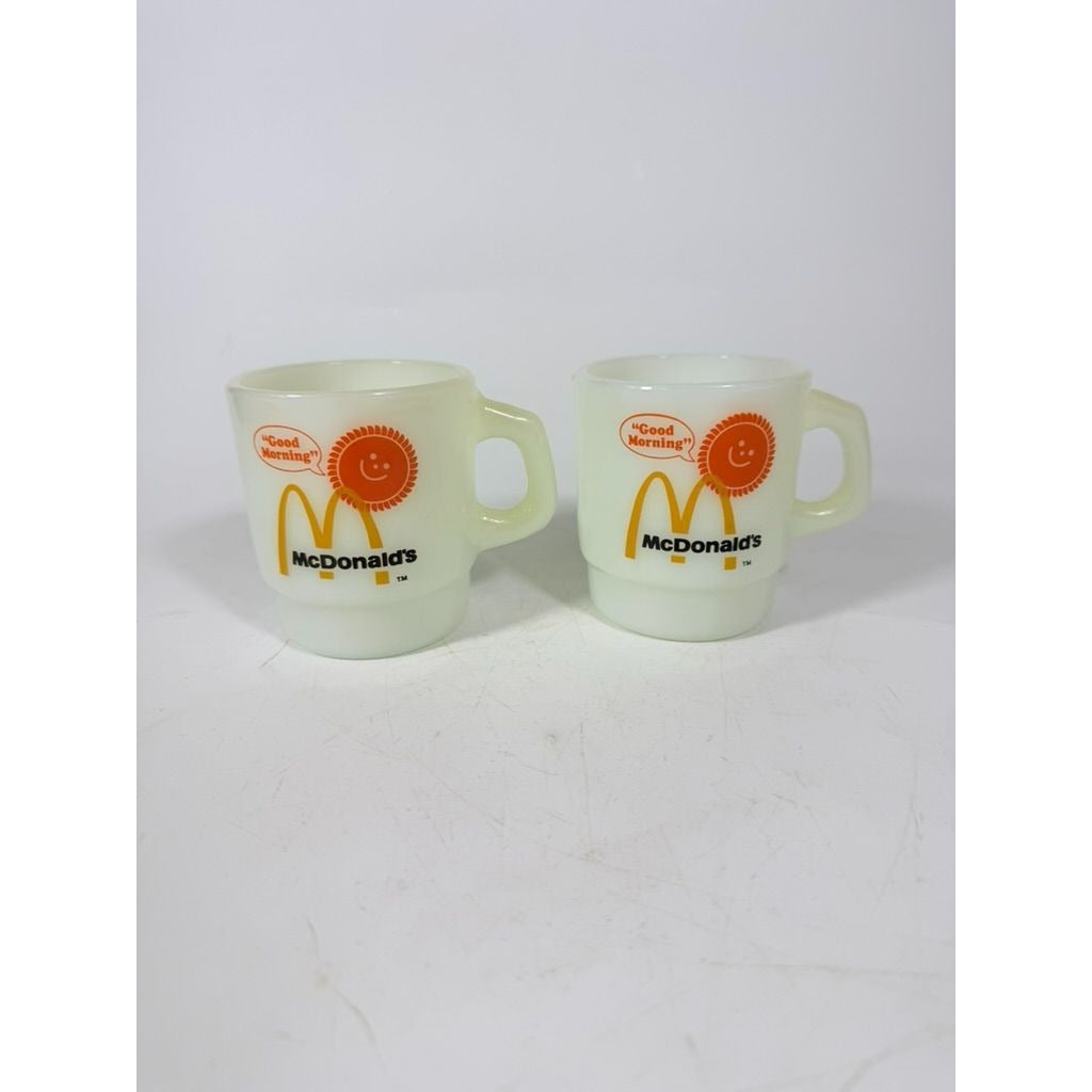 Mug Set 4 Fire King McDonalds Mug Good Morning Coffee Cup Anchor Hocking Milk Glass Collectible Childhood Vintage Golden Arch Sunshine