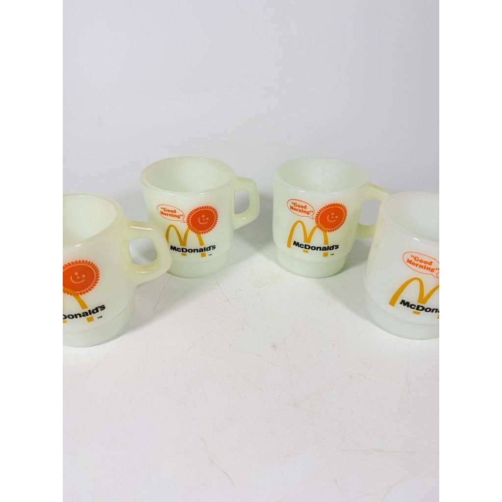 Mug Set 4 Fire King McDonalds Mug Good Morning Coffee Cup Anchor Hocking Milk Glass Collectible Childhood Vintage Golden Arch Sunshine
