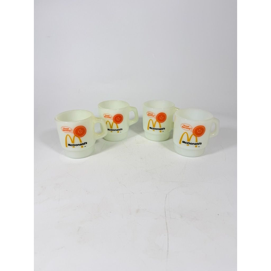Mug Set 4 Fire King McDonalds Mug Good Morning Coffee Cup Anchor Hocking Milk Glass Collectible Childhood Vintage Golden Arch Sunshine