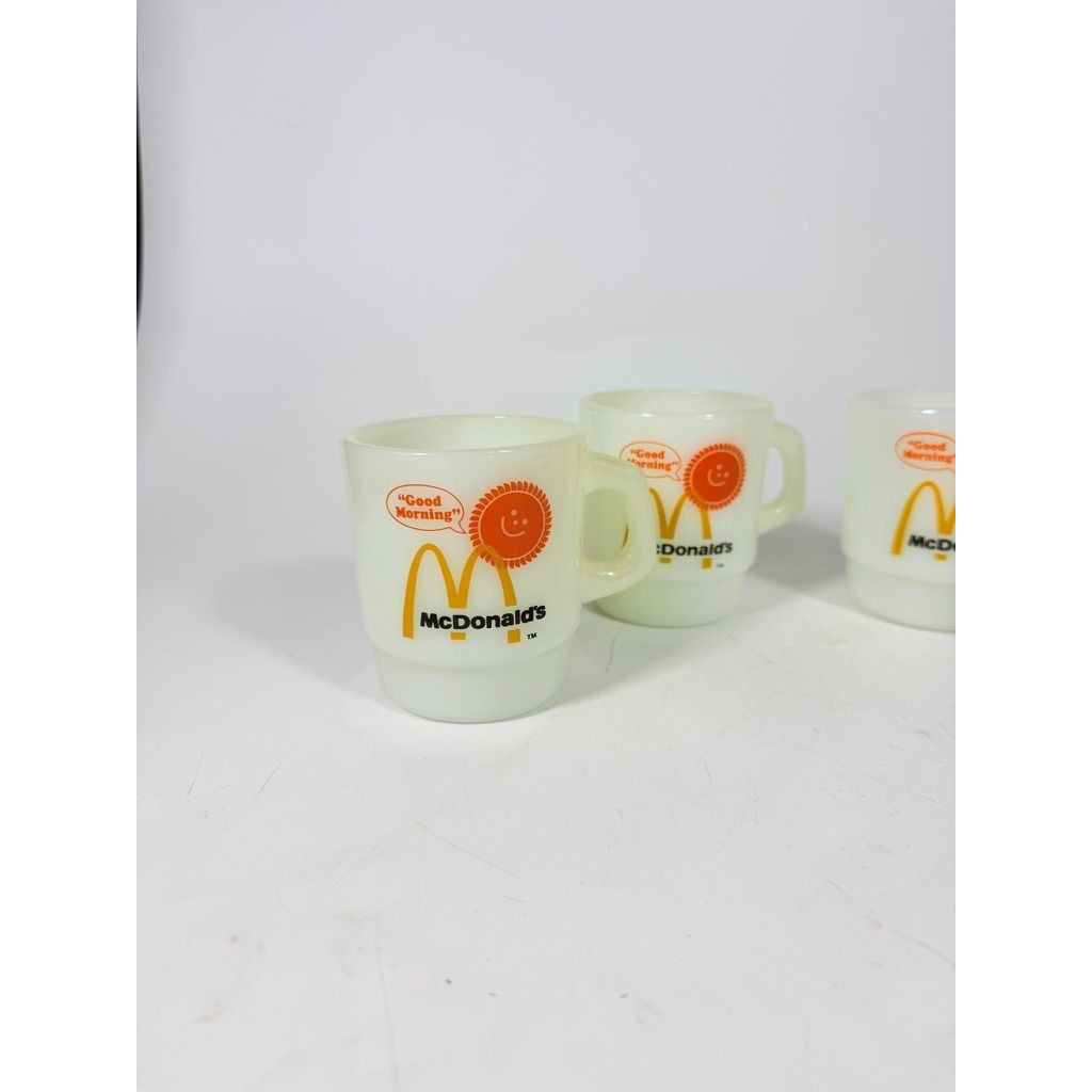Mug Set 4 Fire King McDonalds Mug Good Morning Coffee Cup Anchor Hocking Milk Glass Collectible Childhood Vintage Golden Arch Sunshine