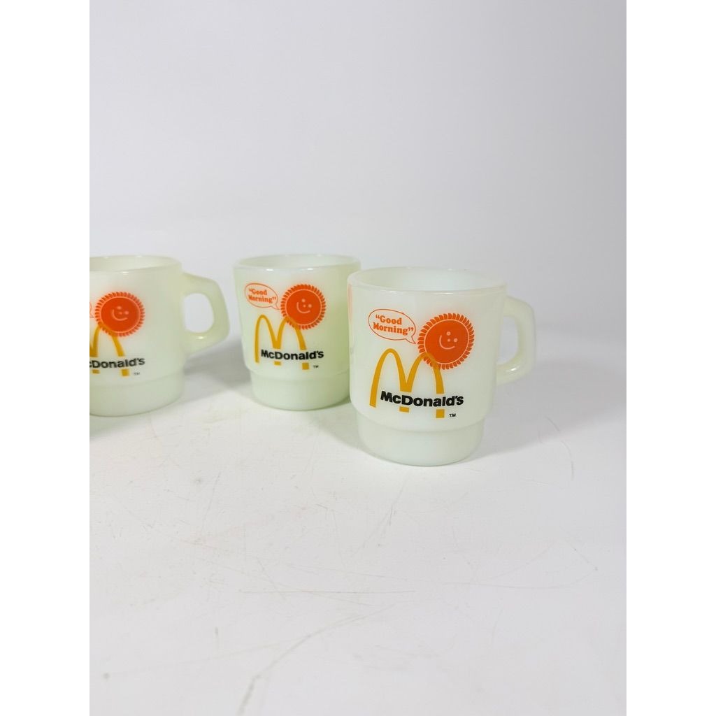 Mug Set 4 Fire King McDonalds Mug Good Morning Coffee Cup Anchor Hocking Milk Glass Collectible Childhood Vintage Golden Arch Sunshine