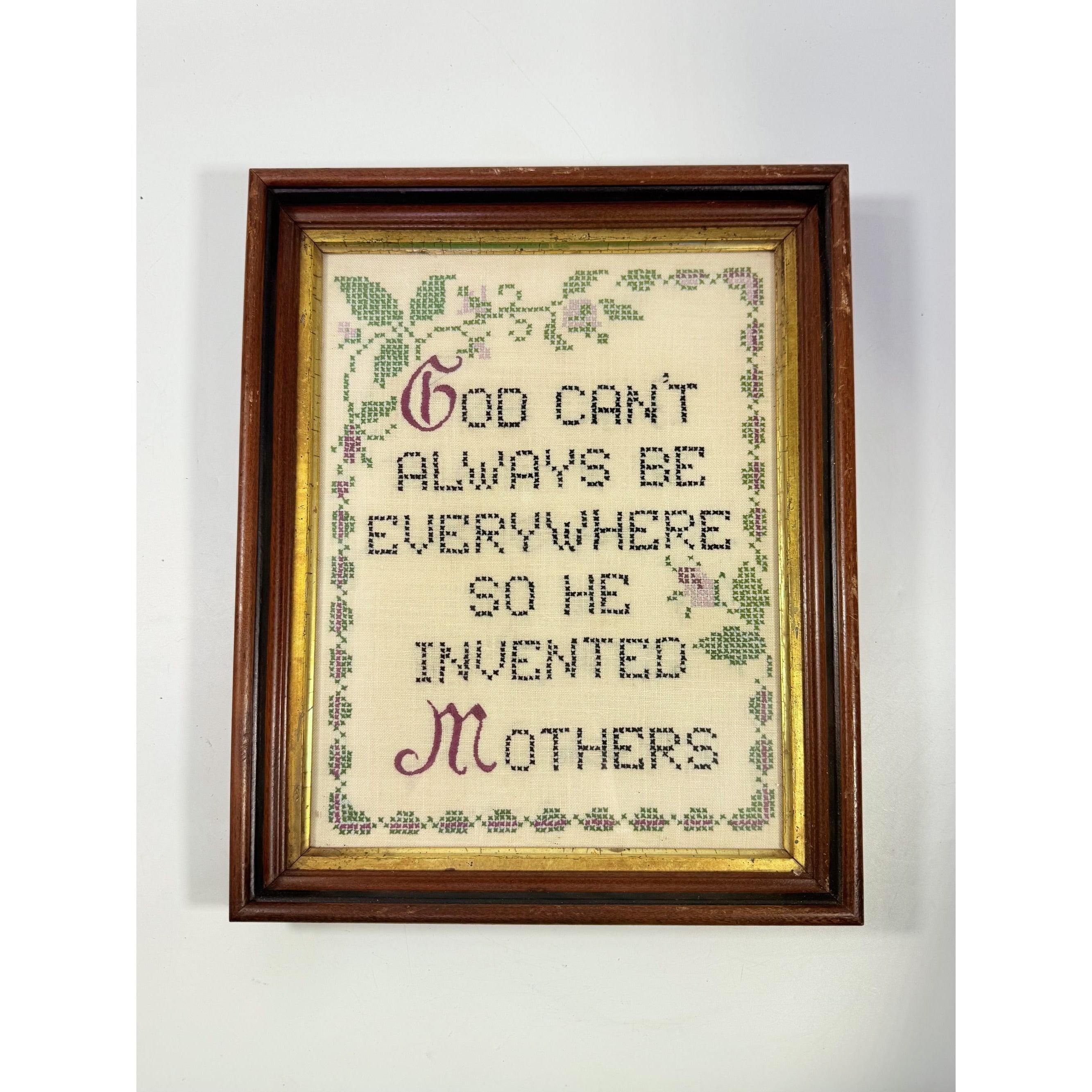 Framed Cross Stitch God Can't Always Be Everywhere So He Invented Mothers Vintage Wall Decor Gallery Handmade Gifts Wood Frame Home Accent