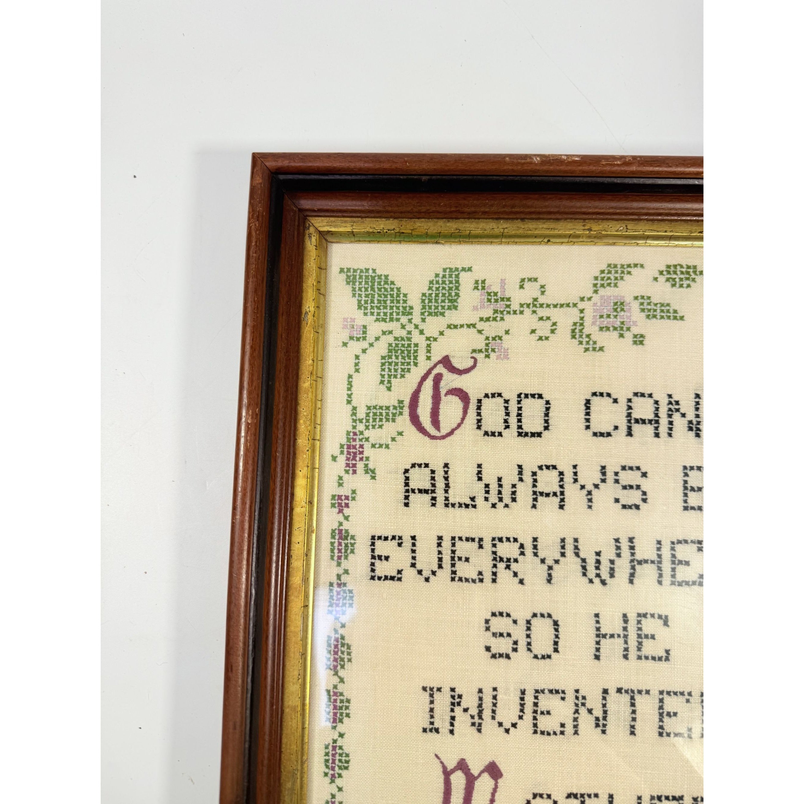 Framed Cross Stitch God Can't Always Be Everywhere So He Invented Mothers Vintage Wall Decor Gallery Handmade Gifts Wood Frame Home Accent