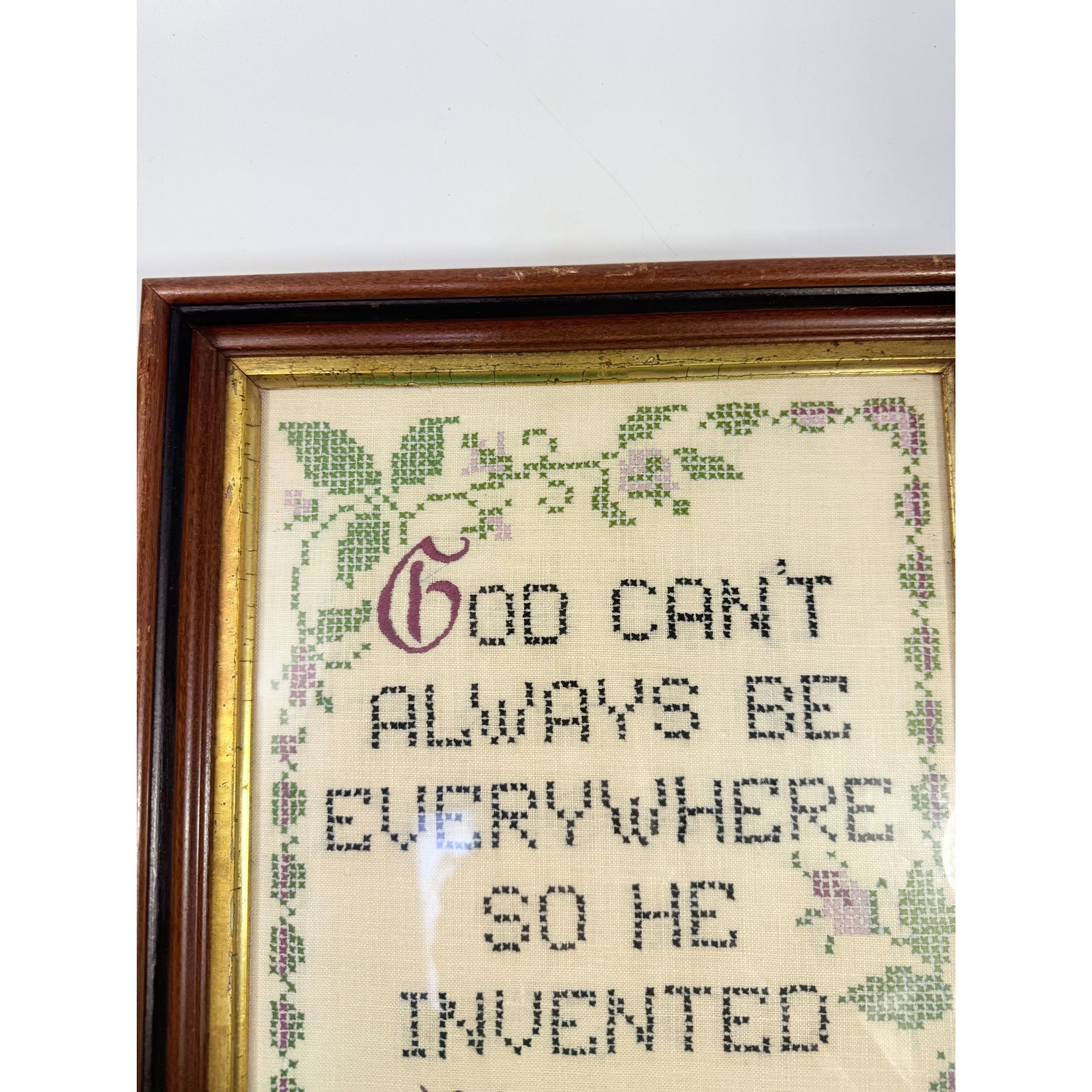Framed Cross Stitch God Can't Always Be Everywhere So He Invented Mothers Vintage Wall Decor Gallery Handmade Gifts Wood Frame Home Accent