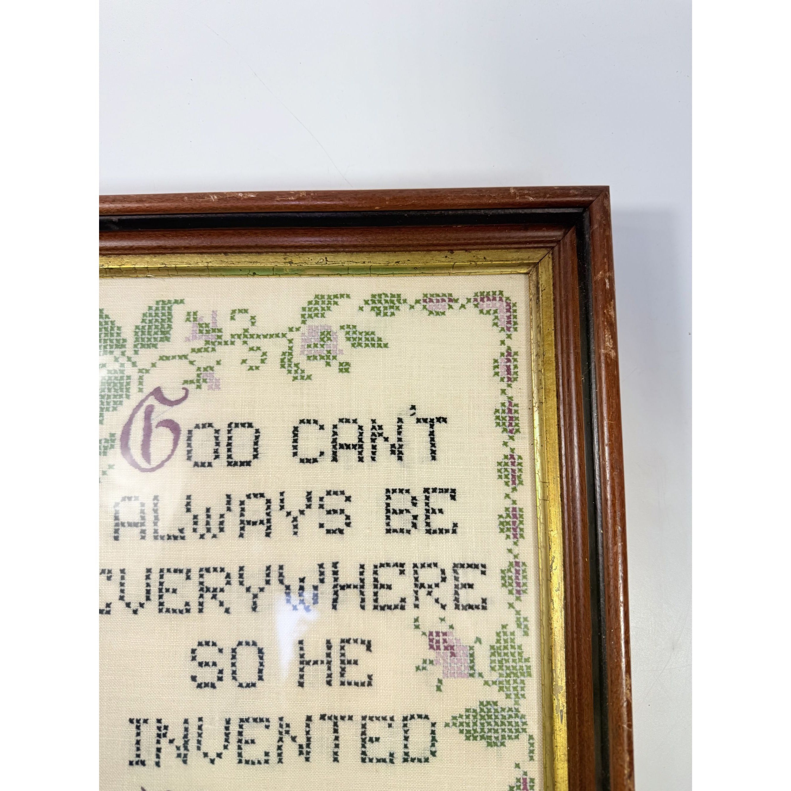 Framed Cross Stitch God Can't Always Be Everywhere So He Invented Mothers Vintage Wall Decor Gallery Handmade Gifts Wood Frame Home Accent