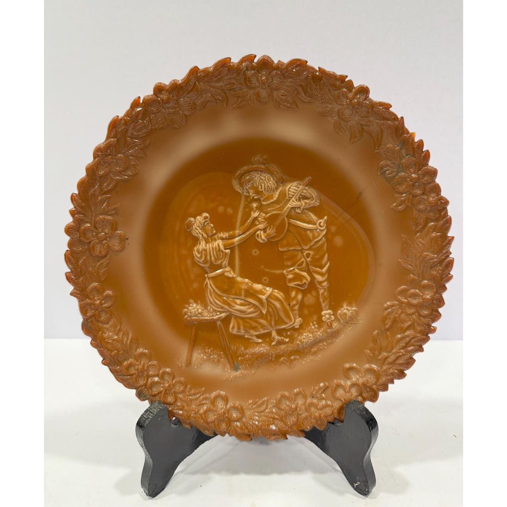 Chocolate Slag Glass Plate Collectible Glassware Antique | McKee Brothers Works | Cameo Serenade Troubadour Collector Plate Wall Decor
