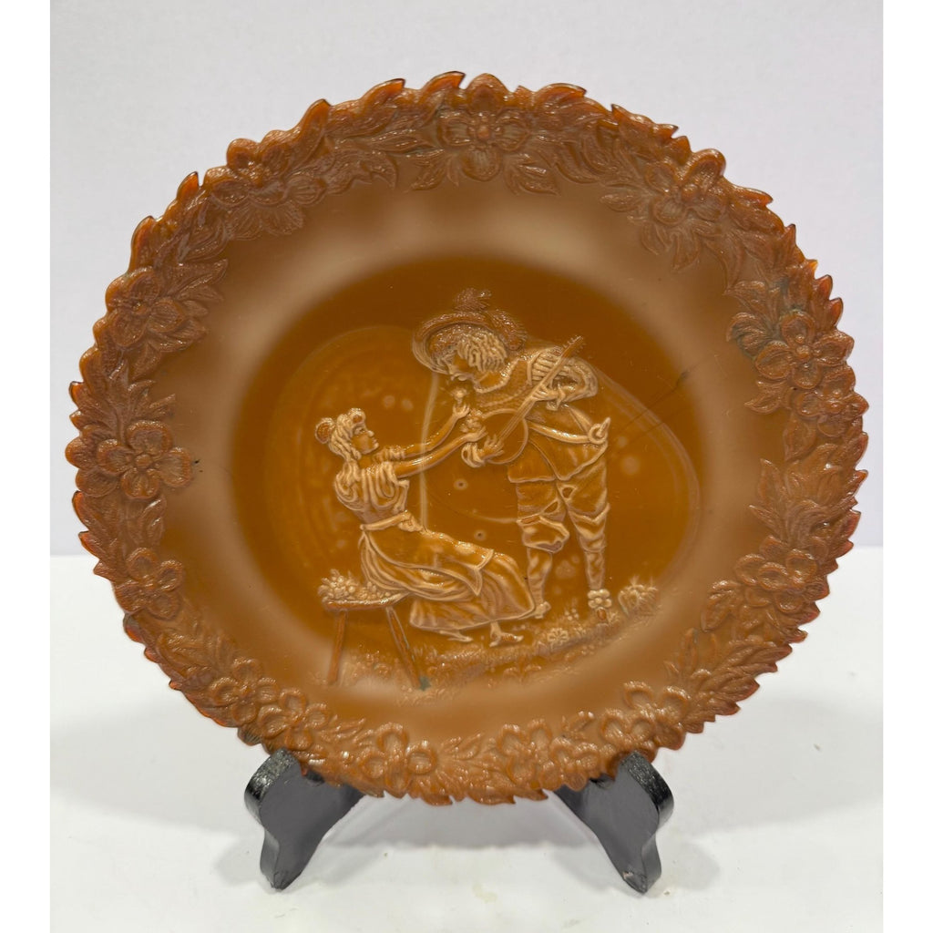 Chocolate Slag Glass Plate Collectible Glassware Antique | McKee Brothers Works | Cameo Serenade Troubadour Collector Plate Wall Decor