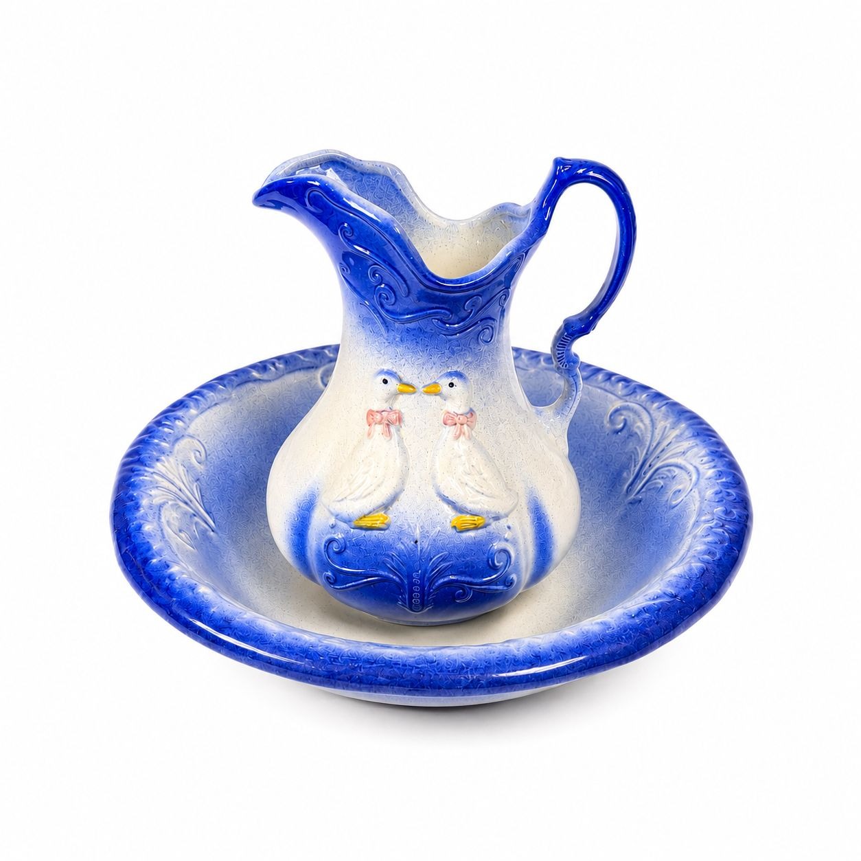 Wash Pitcher and Basin Set Ironstone with Pair of Geese blue and white Goose Vintage Home Decor Decorative Cottage Granny Core Farmhouse