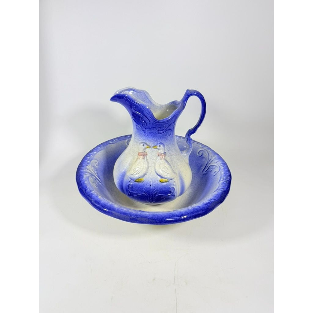 Wash Pitcher and Basin Set Ironstone with Pair of Geese blue and white Goose Vintage Home Decor Decorative Cottage Granny Core Farmhouse