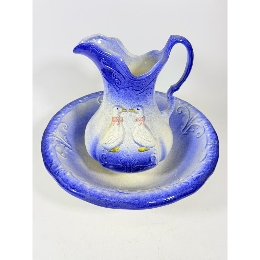 Wash Pitcher and Basin Set Ironstone with Pair of Geese blue and white Goose Vintage Home Decor Decorative Cottage Granny Core Farmhouse