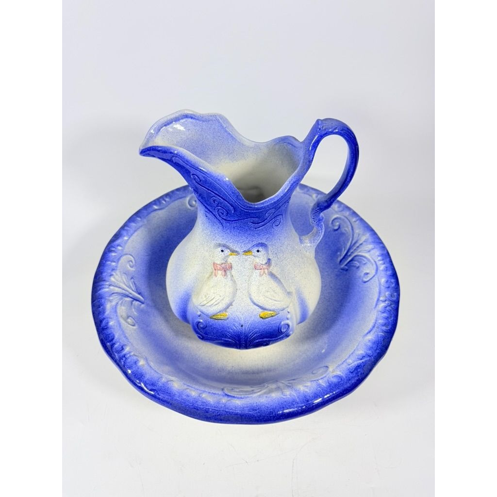 Wash Pitcher and Basin Set Ironstone with Pair of Geese blue and white Goose Vintage Home Decor Decorative Cottage Granny Core Farmhouse
