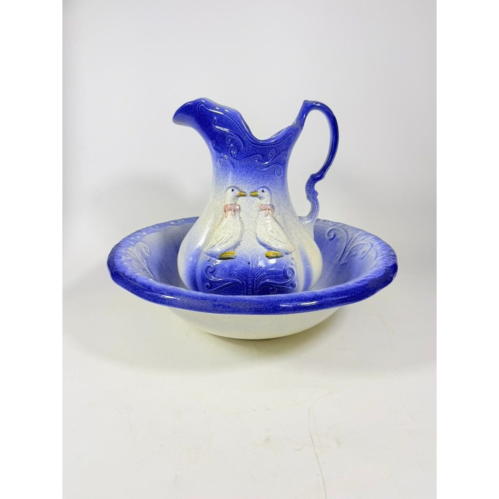 Wash Pitcher and Basin Set Ironstone with Pair of Geese blue and white Goose Vintage Home Decor Decorative Cottage Granny Core Farmhouse