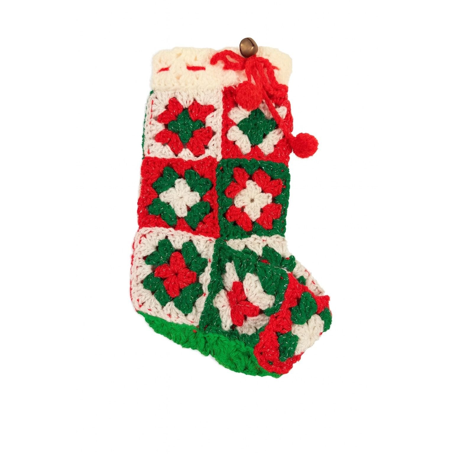White Granny Square Christmas Stocking 13 Retro Handmade |Vintage Handmade Holiday Mantle Decor Granny Cottage Farmhouse Nostalgia Red Green