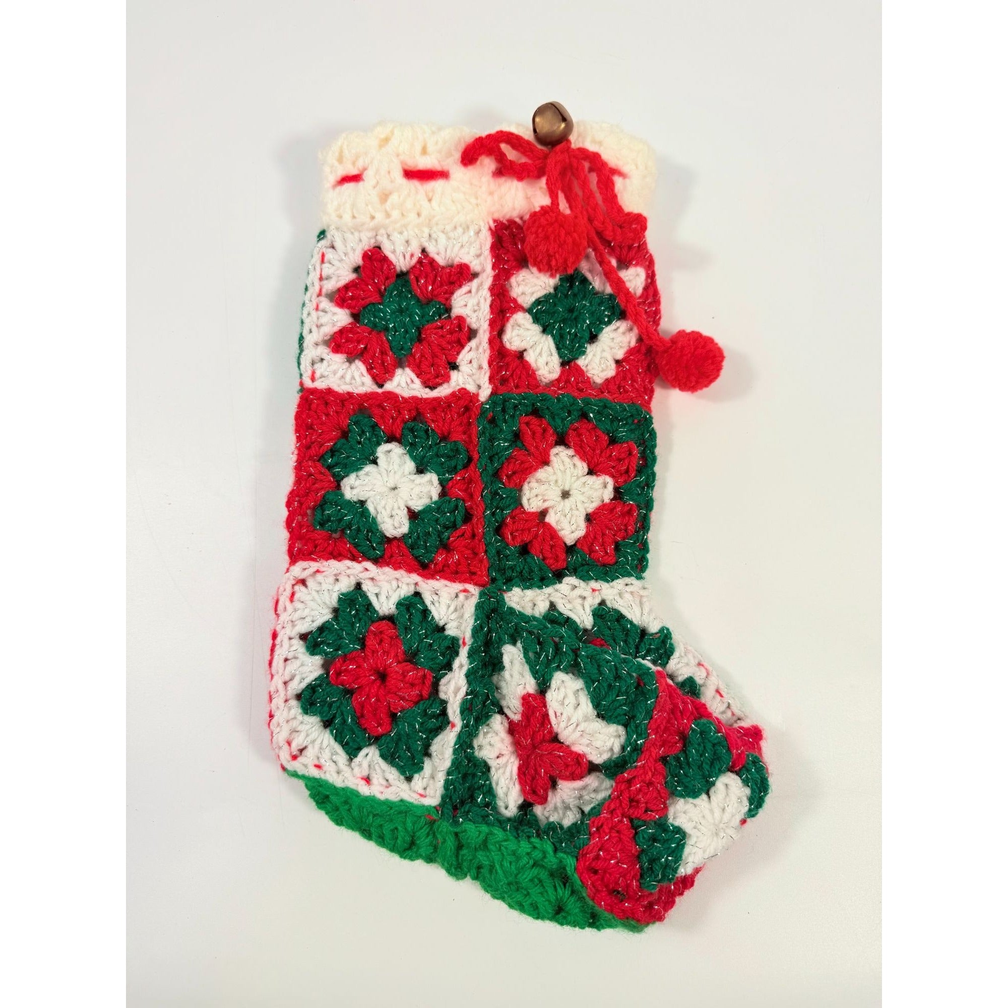 White Granny Square Christmas Stocking 13 Retro Handmade |Vintage Handmade Holiday Mantle Decor Granny Cottage Farmhouse Nostalgia Red Green