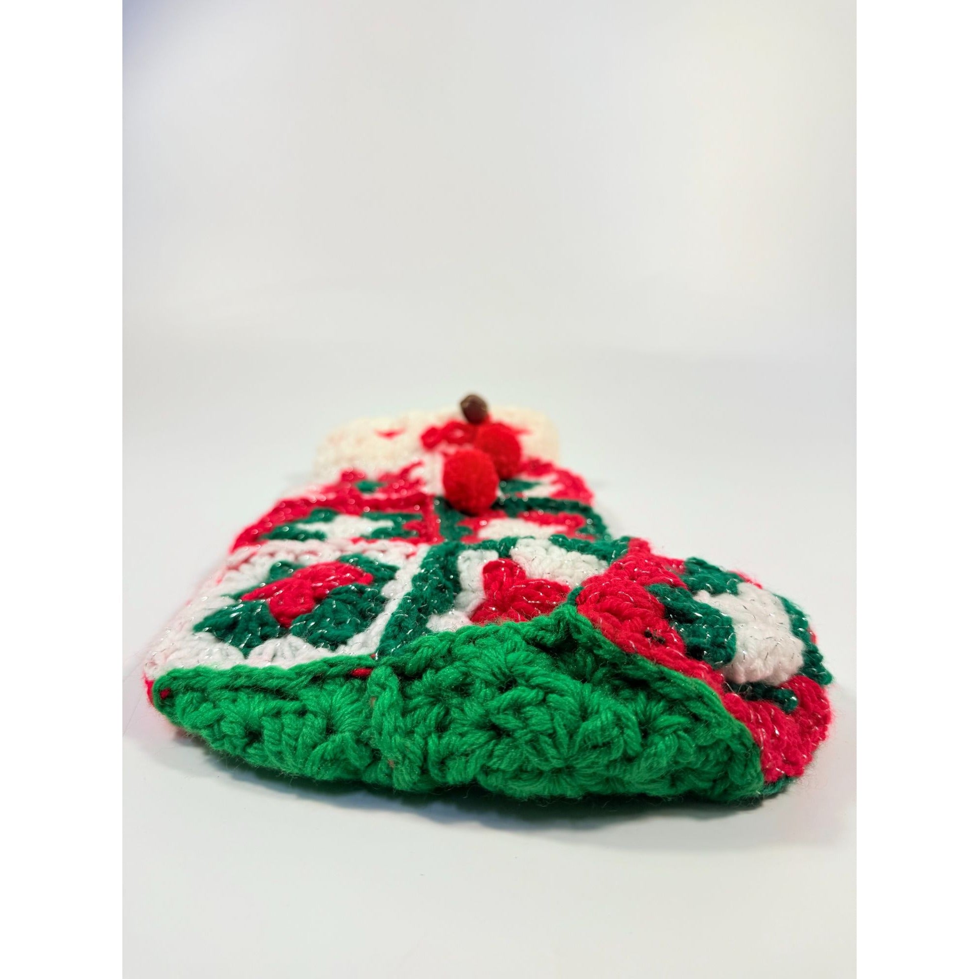 White Granny Square Christmas Stocking 13 Retro Handmade |Vintage Handmade Holiday Mantle Decor Granny Cottage Farmhouse Nostalgia Red Green