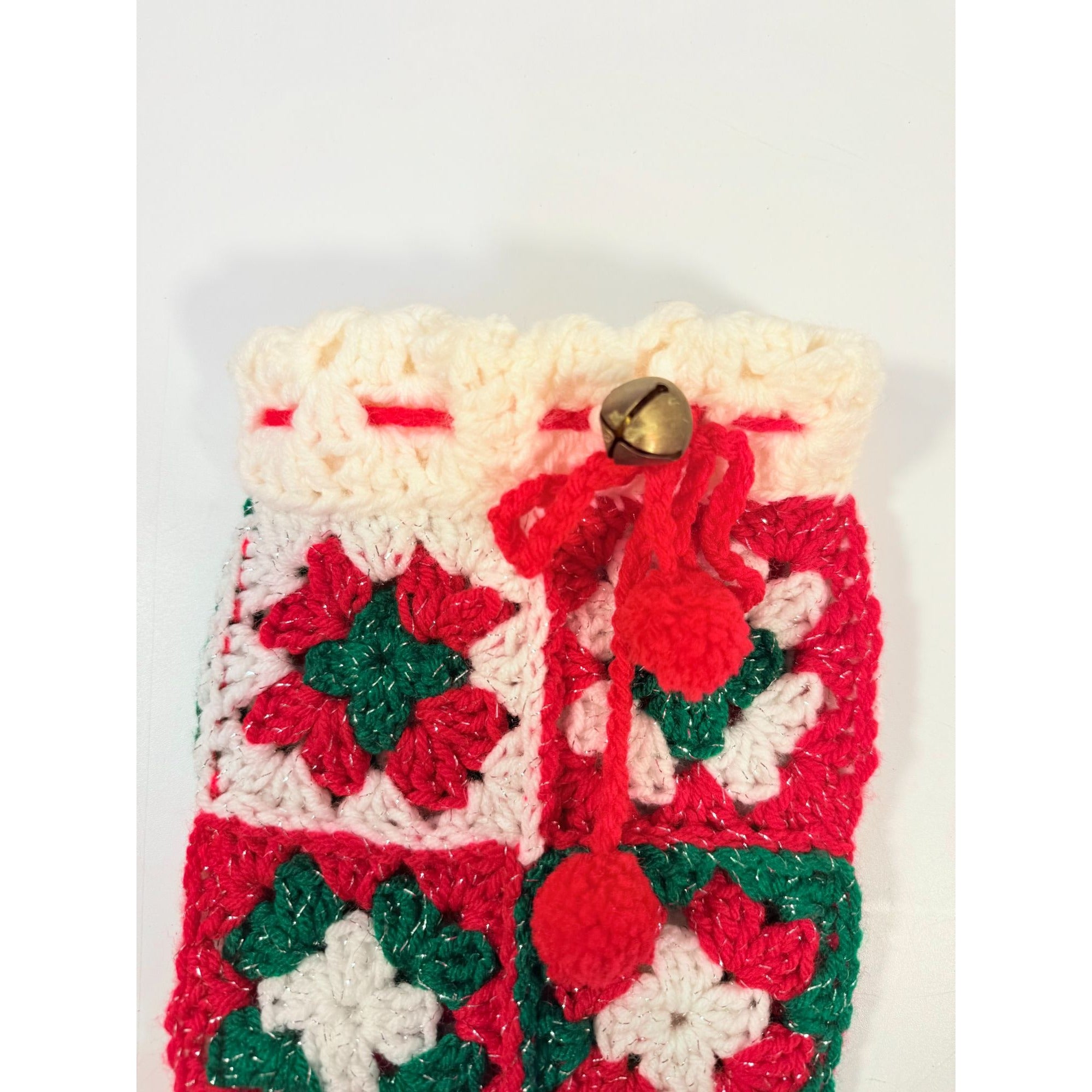 White Granny Square Christmas Stocking 13 Retro Handmade |Vintage Handmade Holiday Mantle Decor Granny Cottage Farmhouse Nostalgia Red Green