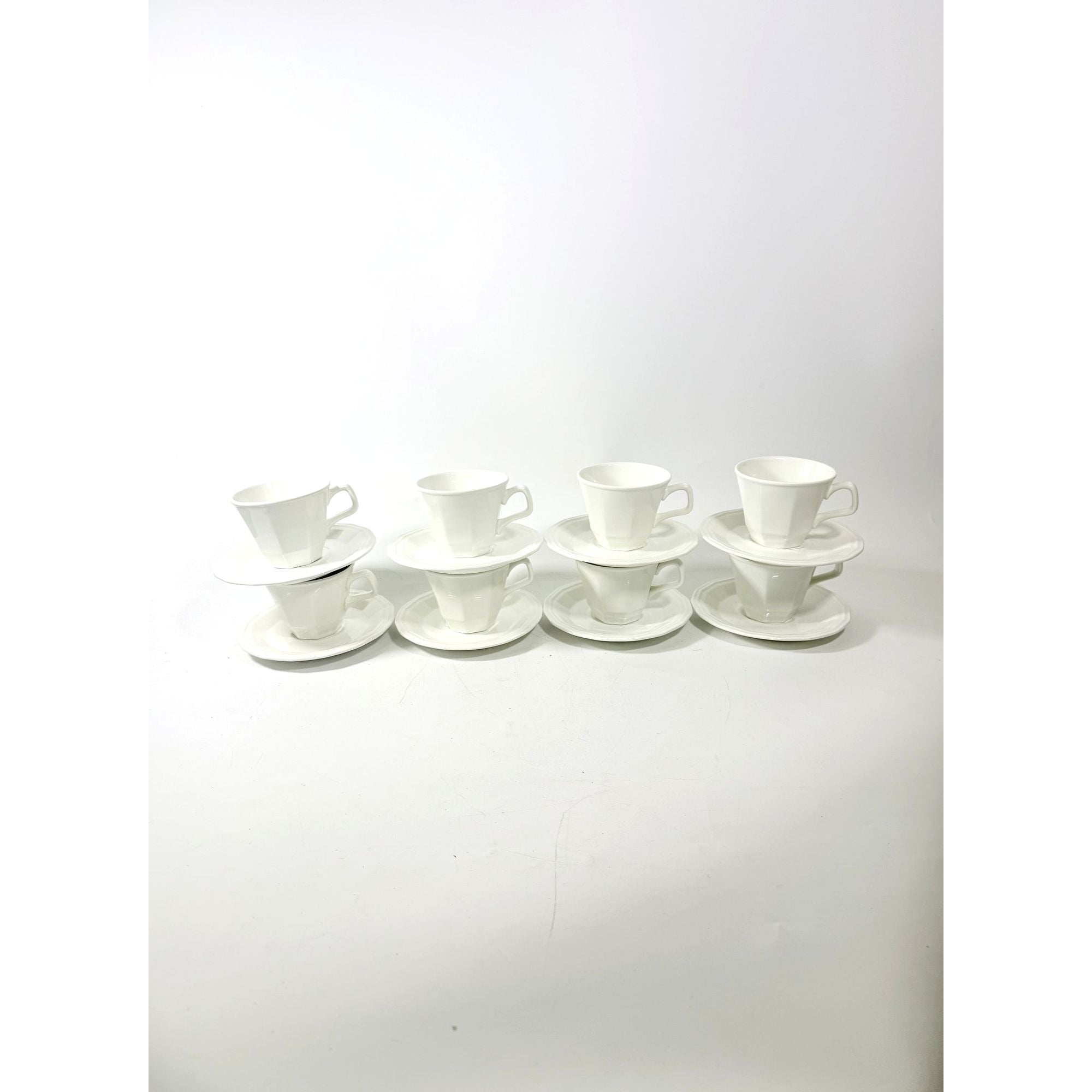 Ironstone Cups and Saucers Homer Laughlin White Dover Set 8 Stoneware Traditional Replacement China Vintage Coffee Tea