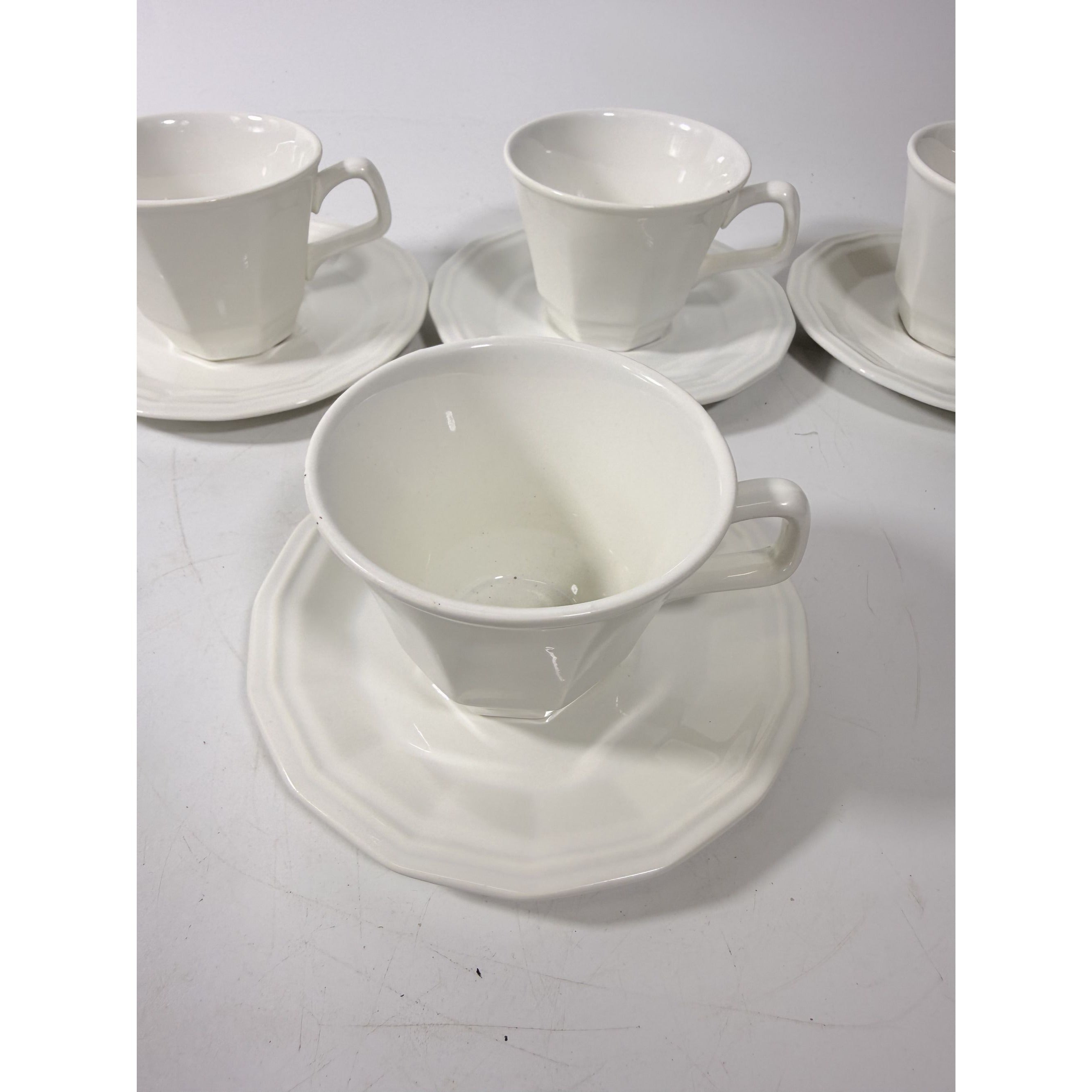 Ironstone Cups and Saucers Homer Laughlin White Dover Set 8 Stoneware Traditional Replacement China Vintage Coffee Tea