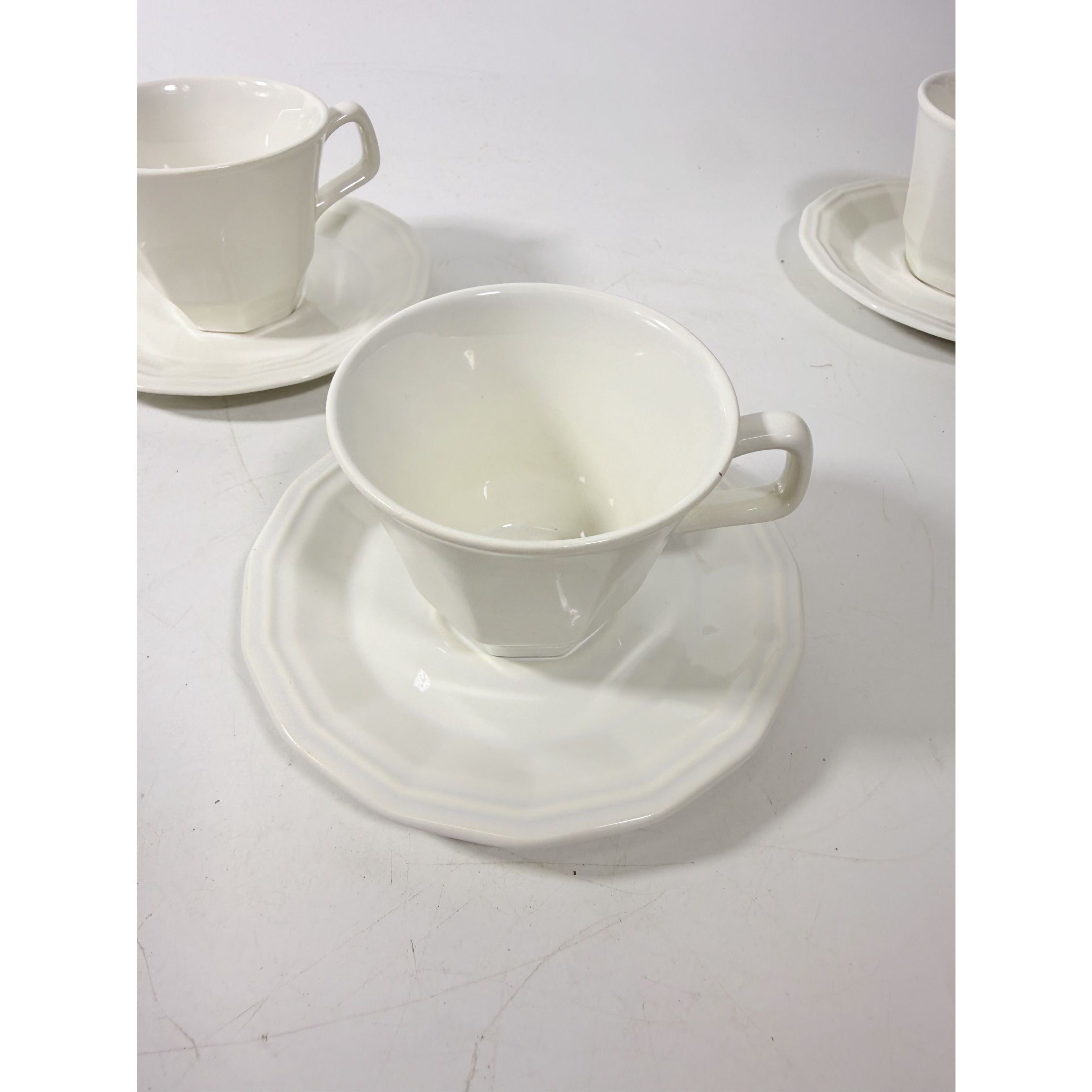 Ironstone Cups and Saucers Homer Laughlin White Dover Set 8 Stoneware Traditional Replacement China Vintage Coffee Tea