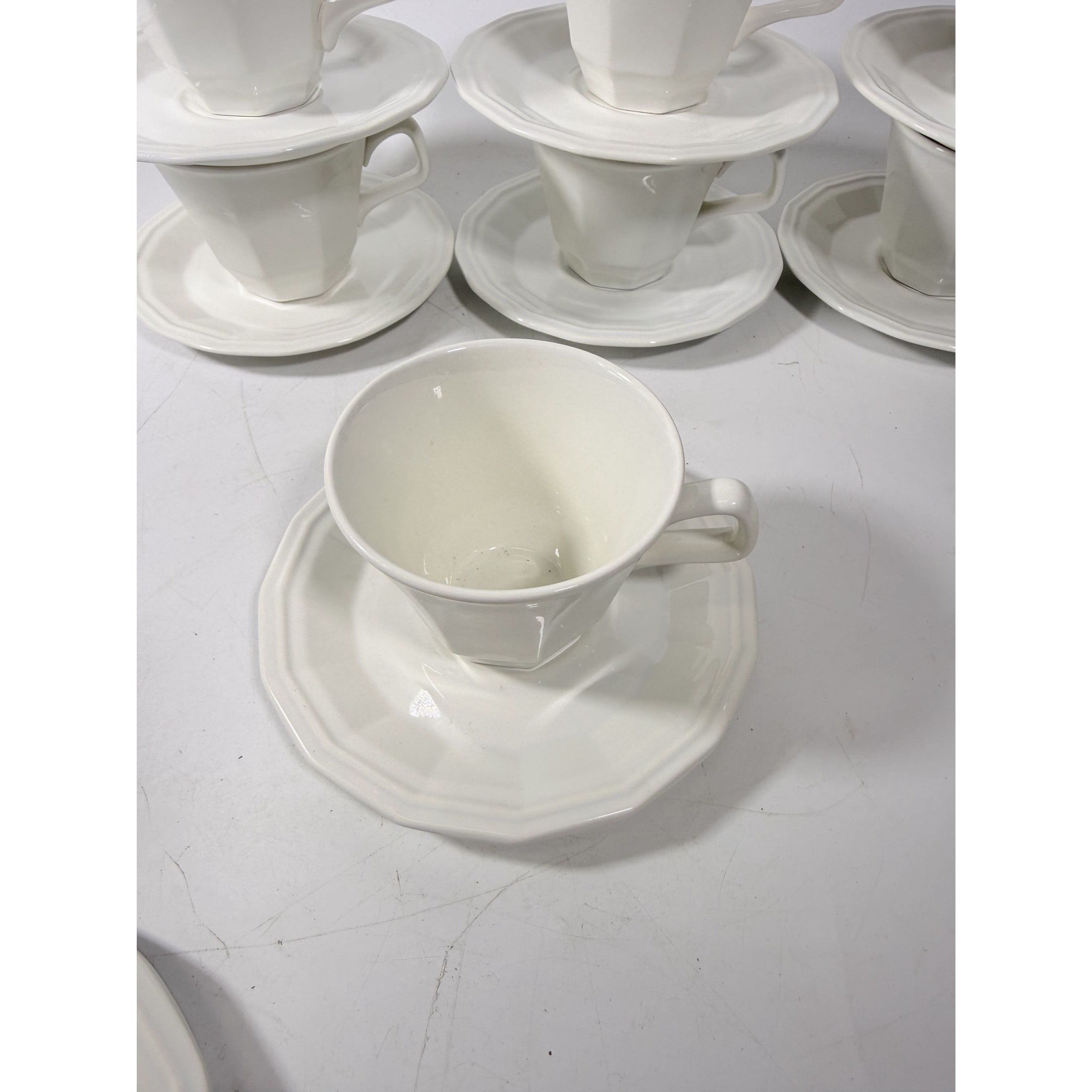 Ironstone Cups and Saucers Homer Laughlin White Dover Set 8 Stoneware Traditional Replacement China Vintage Coffee Tea