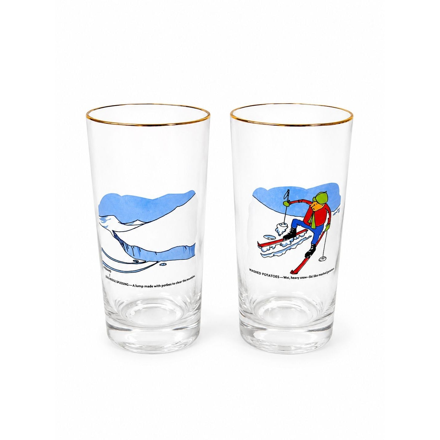 Drinking Ice Tea Beer Glasses Set 2 Carl Ashby Snow Skiing Comic Cortoon Humor Vintage Barware Kitchenware Masked Potatoes Gelandersprung