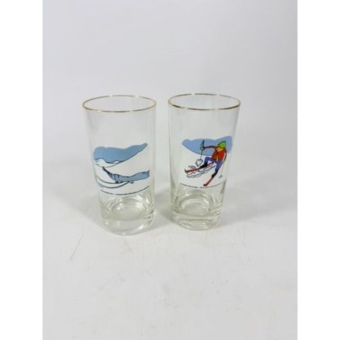 Drinking Ice Tea Beer Glasses Set 2 Carl Ashby Snow Skiing Comic Cortoon Humor Vintage Barware Kitchenware Masked Potatoes Gelandersprung