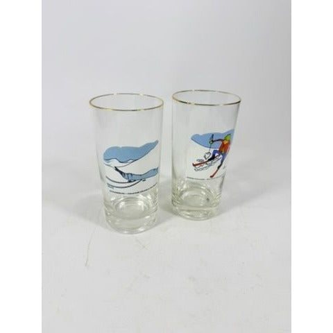 Drinking Ice Tea Beer Glasses Set 2 Carl Ashby Snow Skiing Comic Cortoon Humor Vintage Barware Kitchenware Masked Potatoes Gelandersprung
