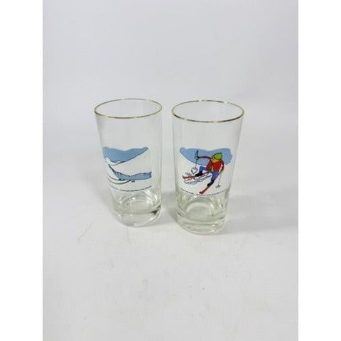 Drinking Ice Tea Beer Glasses Set 2 Carl Ashby Snow Skiing Comic Cortoon Humor Vintage Barware Kitchenware Masked Potatoes Gelandersprung