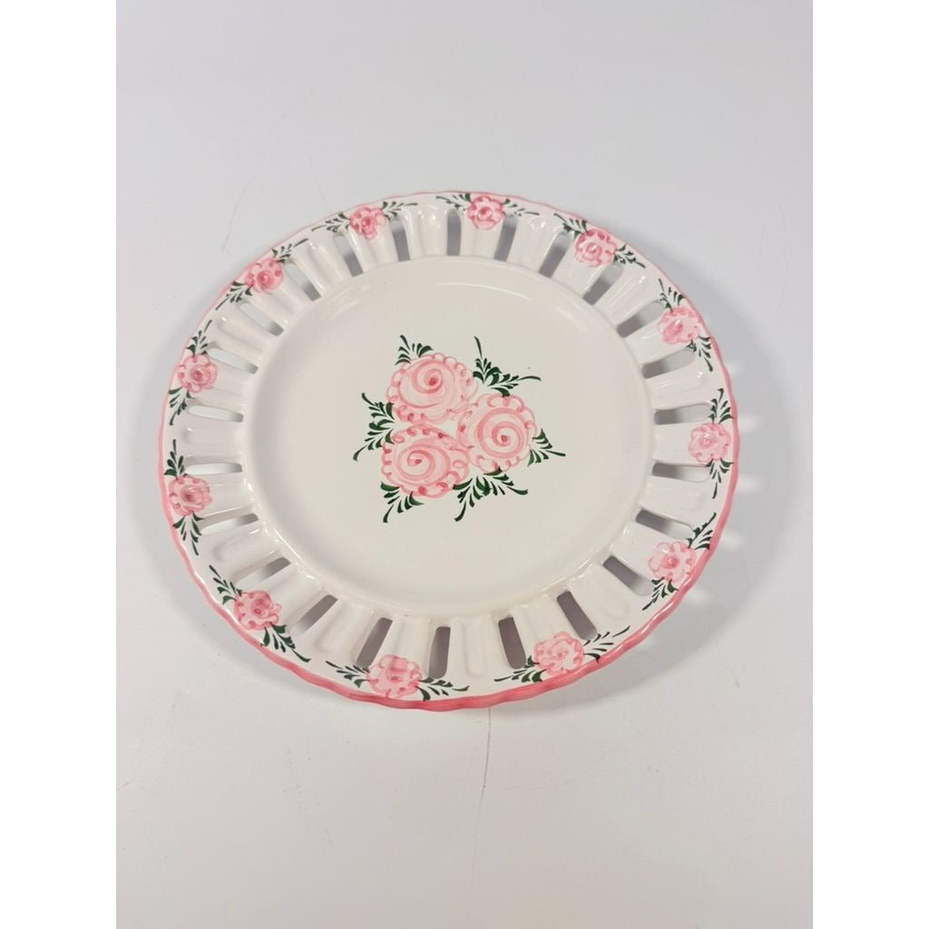 Pottery Reticulated Plate Hand Painted Floral Vintage Vestal Alcobaca Portual Ceramic Hanging Gallery Wall Home Decor Replacement Majolica