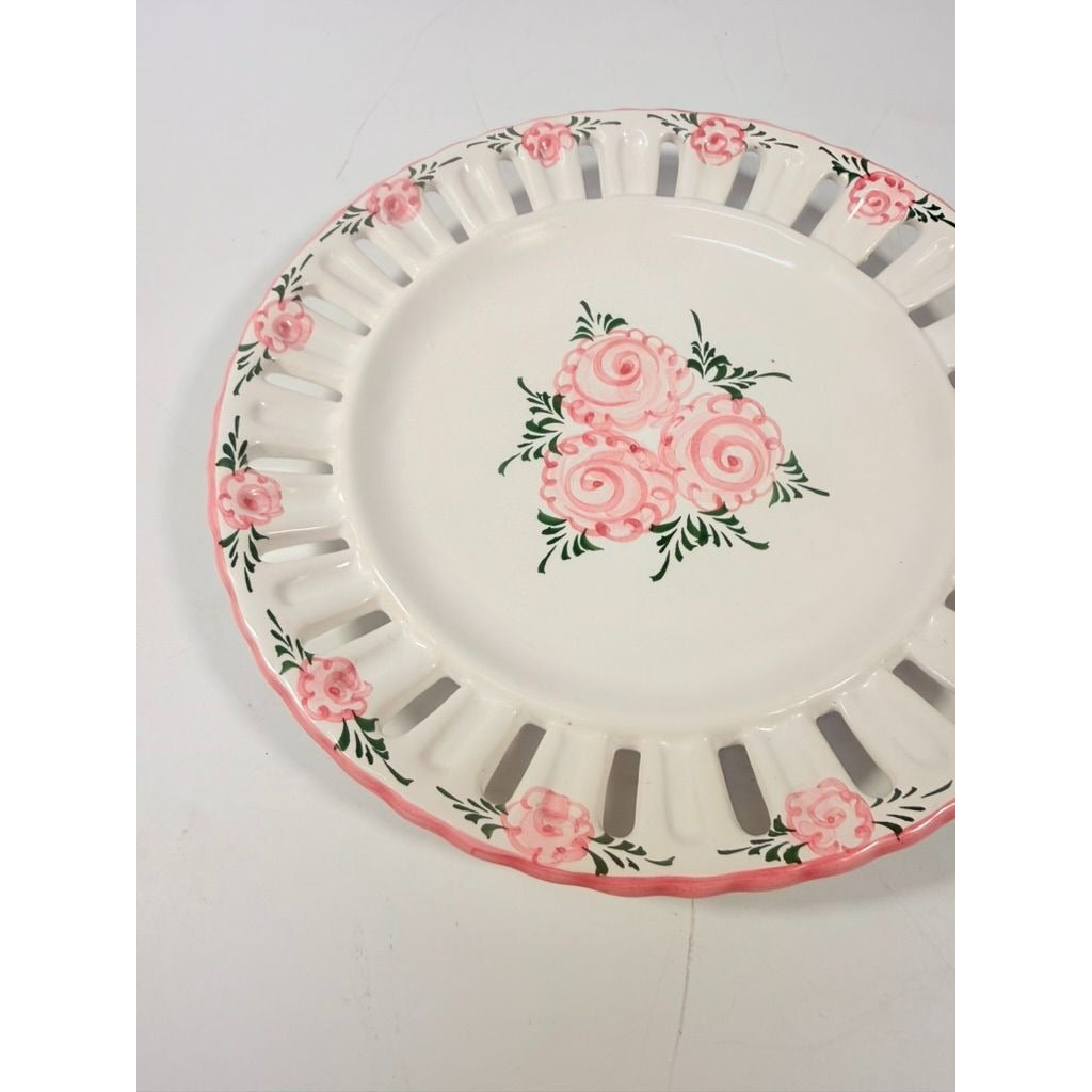 Pottery Reticulated Plate Hand Painted Floral Vintage Vestal Alcobaca Portual Ceramic Hanging Gallery Wall Home Decor Replacement Majolica