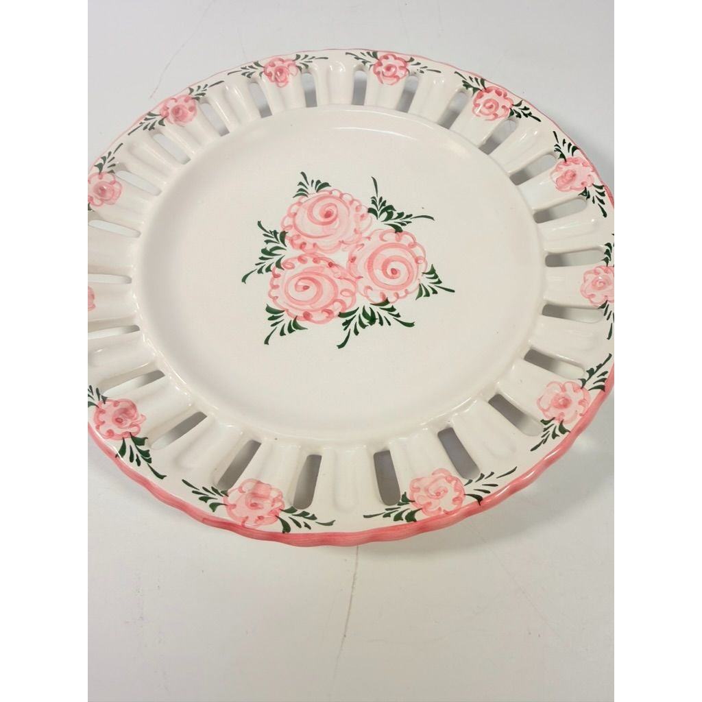 Pottery Reticulated Plate Hand Painted Floral Vintage Vestal Alcobaca Portual Ceramic Hanging Gallery Wall Home Decor Replacement Majolica