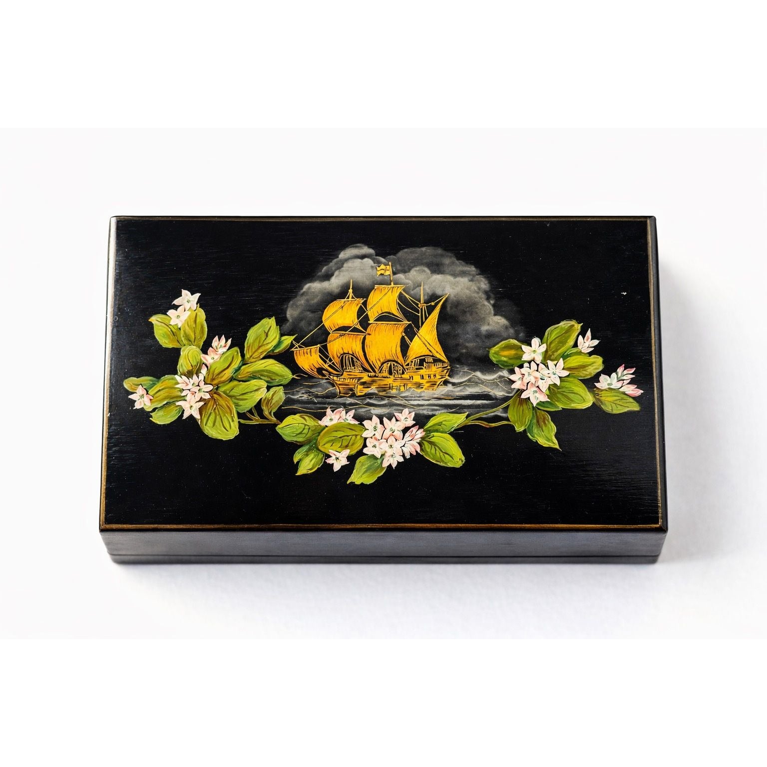 Knife Box Velvet Lined Hand Painted Vintage Clipper Cutter Ship Sailboat Flowers Leather Bottom Unique Home Decor Decorative Accents Dining