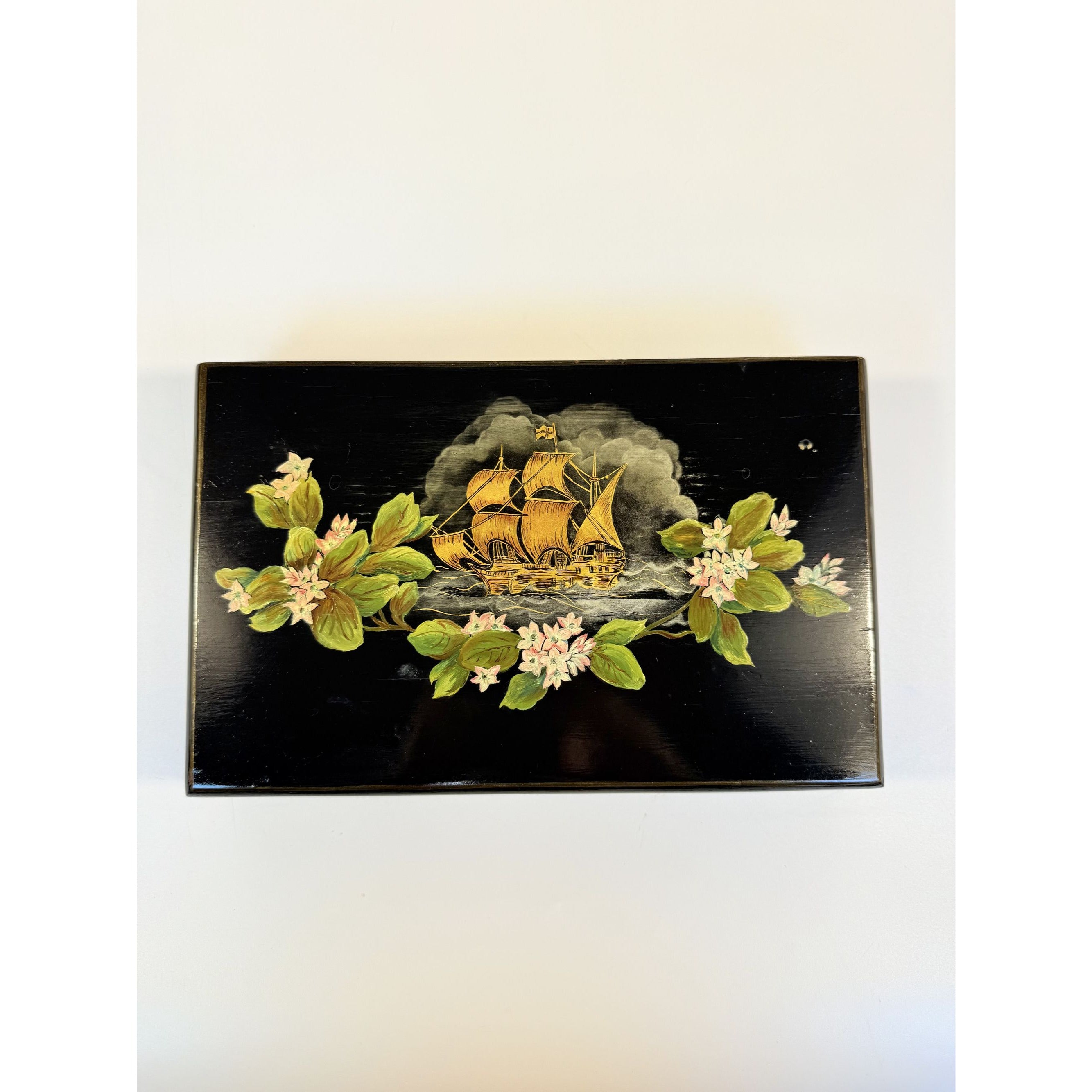 Knife Box Velvet Lined Hand Painted Vintage Clipper Cutter Ship Sailboat Flowers Leather Bottom Unique Home Decor Decorative Accents Dining