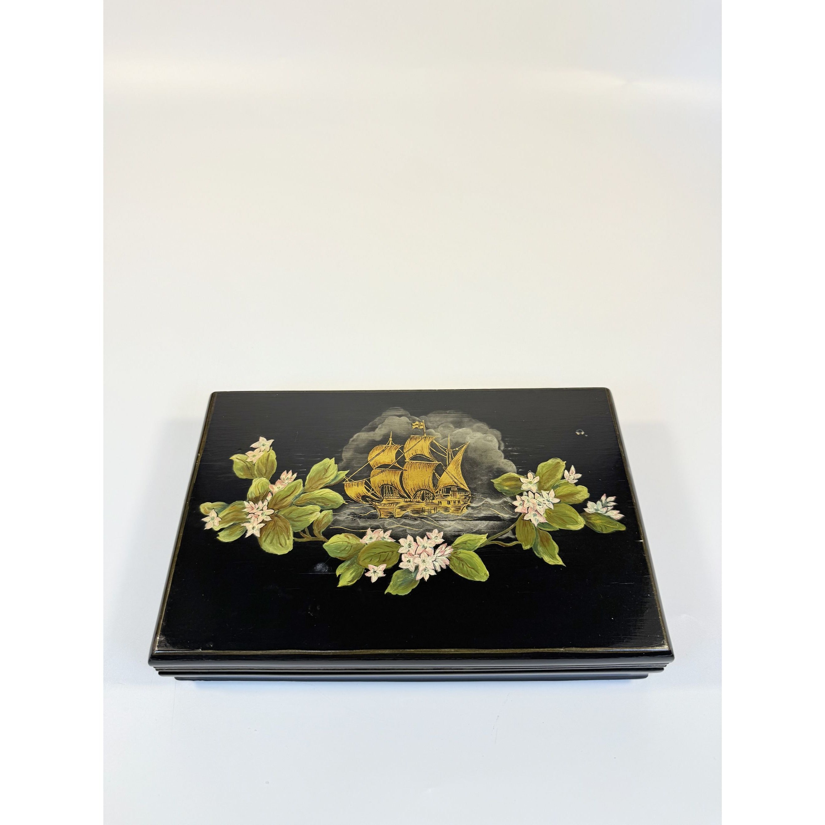 Knife Box Velvet Lined Hand Painted Vintage Clipper Cutter Ship Sailboat Flowers Leather Bottom Unique Home Decor Decorative Accents Dining
