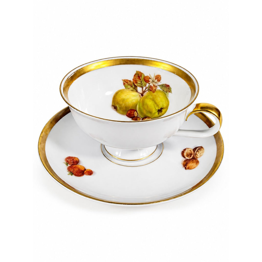 Footed Cup & Saucer Set Golden Crown Harvest E & R Bravaria Fine Bone Replacement China Vintage Floral Hand Painted Bravarian Fruit
