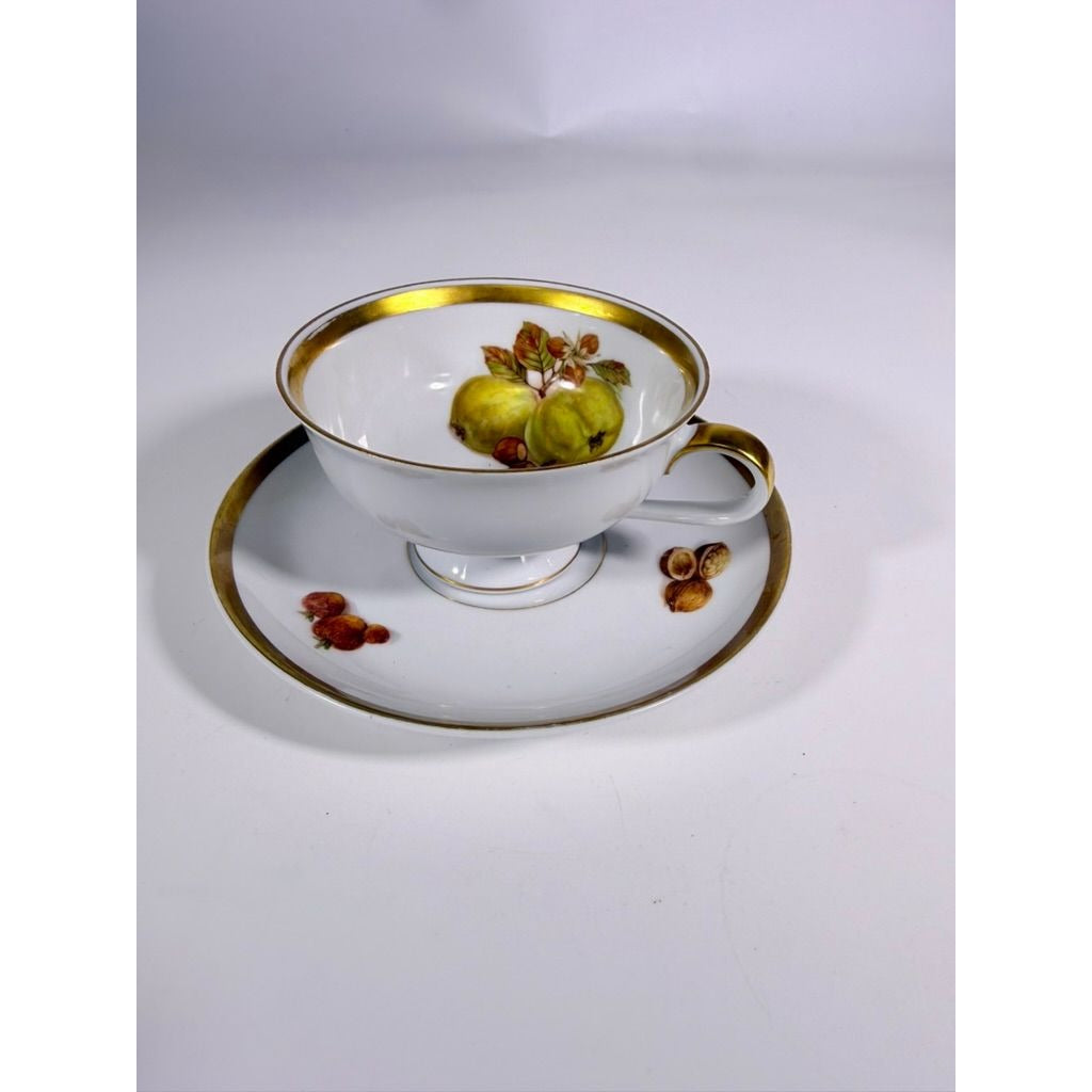Footed Cup & Saucer Set Golden Crown Harvest E & R Bravaria Fine Bone Replacement China Vintage Floral Hand Painted Bravarian Fruit