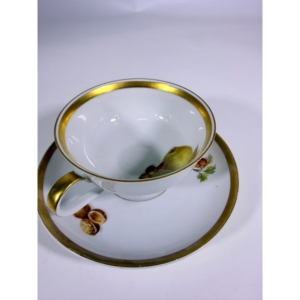 Footed Cup & Saucer Set Golden Crown Harvest E & R Bravaria Fine Bone Replacement China Vintage Floral Hand Painted Bravarian Fruit