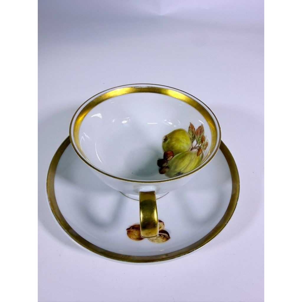 Footed Cup & Saucer Set Golden Crown Harvest E & R Bravaria Fine Bone Replacement China Vintage Floral Hand Painted Bravarian Fruit